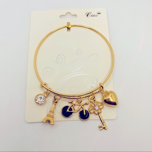 Bracelet Bangle Eiffel Tower Heart Key Bike Crysta - Picture 8 of 9